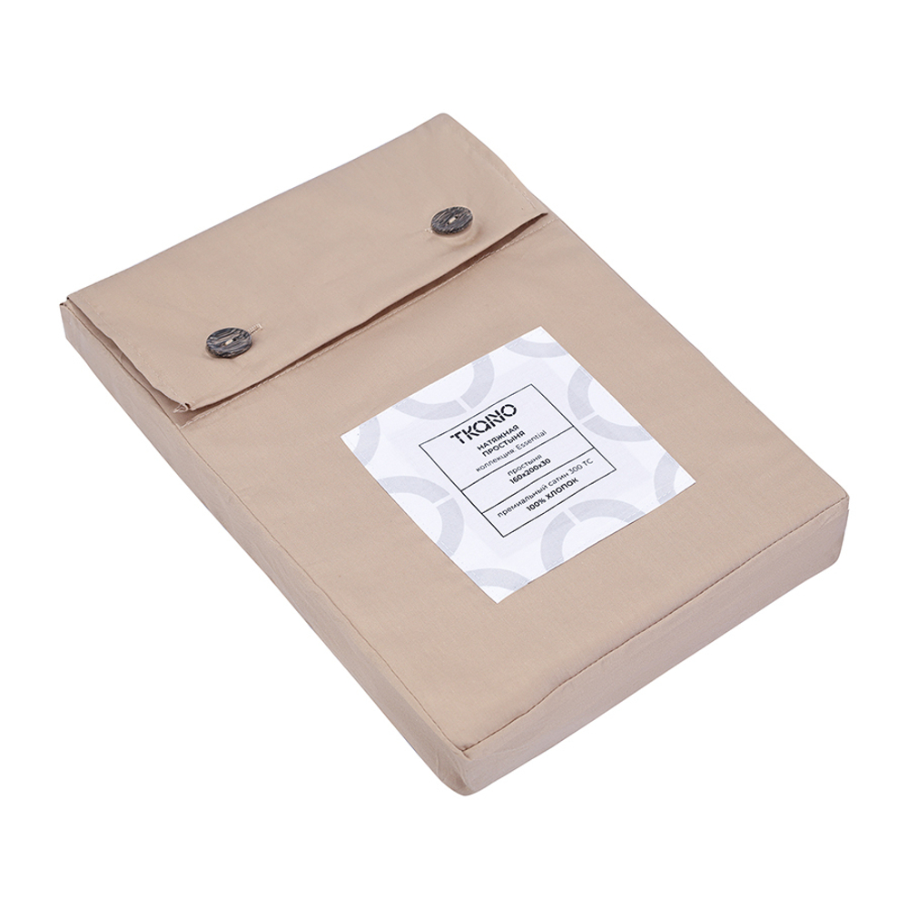 Простыня на резинке из премиального сатина бежевого цвета из коллекции essential,  160х200х30 см