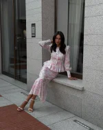 Жакет с баской из фирменного цветочного принта, Молочный