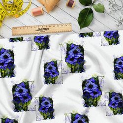 Ткань блэкаут васильки на черных квадратах