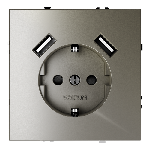 Розетка встраиваемая VOLTUM S70 с заземлением и защитными шторками, 16А, с USB, A+A, (шелк)