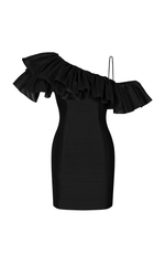 Платье мини шелковое на одно плечо с рюшами