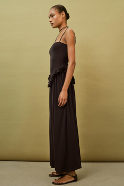 ZARA ОБЪЕМНОЕ ПЛАТЬЕ С БАСКОЙ, ТЕМНО-КОРИЧНЕВЫЙ