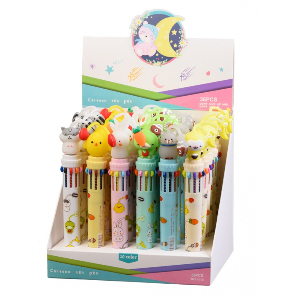 Ручка шариковая, автоматическая, 10в1, Basir, серия "Животные", 10-ти цветная, с резиновой фигуркой, 36 шт