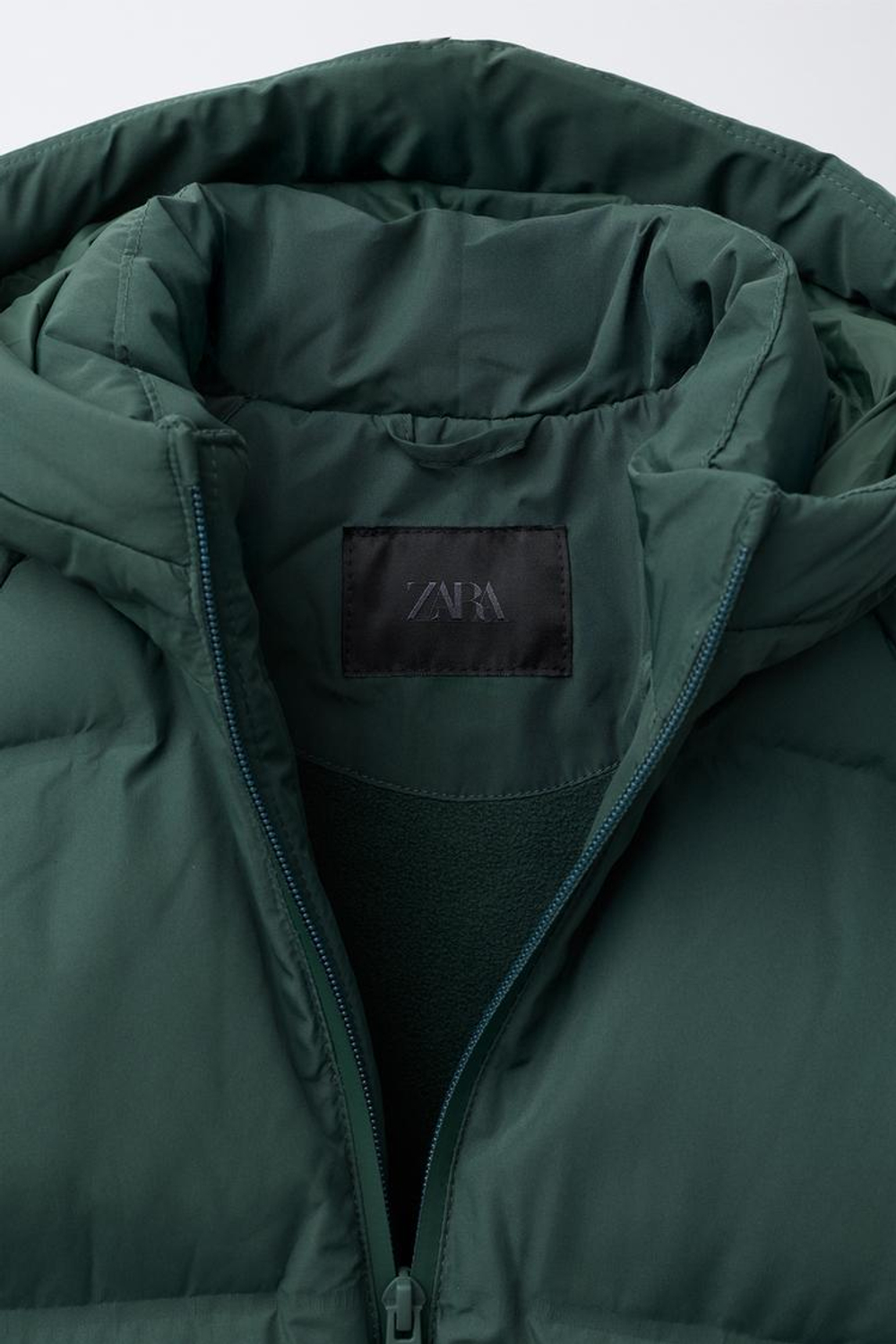 ZARA СТЕГАНЫЙ ПУХОВИК С КАПЮШОНОМ WATER REPELLENT, ЗЕЛЕНЫЙ