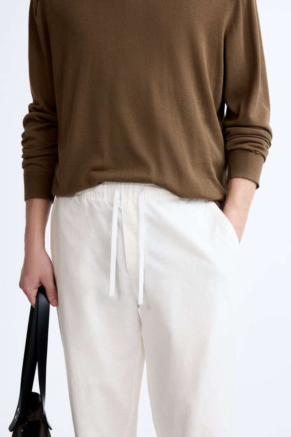 ZARA БРЮКИ ИЗ ХЛОПКА И ЛЬНА, ЖЕЛТОВАТО-БЕЛЫЙ