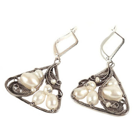 Серьги "Виола" жемчуг белый, скань