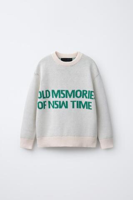 ZARA ТРИКОТАЖНЫЙ ДЖЕМПЕР С ВЫШИВКОЙ, ЭКРЮ/ЗЕЛЕНЫЙ