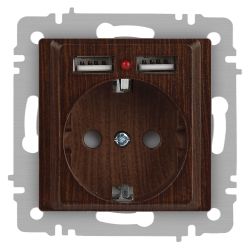 Розетка Intro Accent 6-410-10 , P+E Schuko со шторками, 16А-250В + 2хUSB, IP20, СУ, венге | Intro