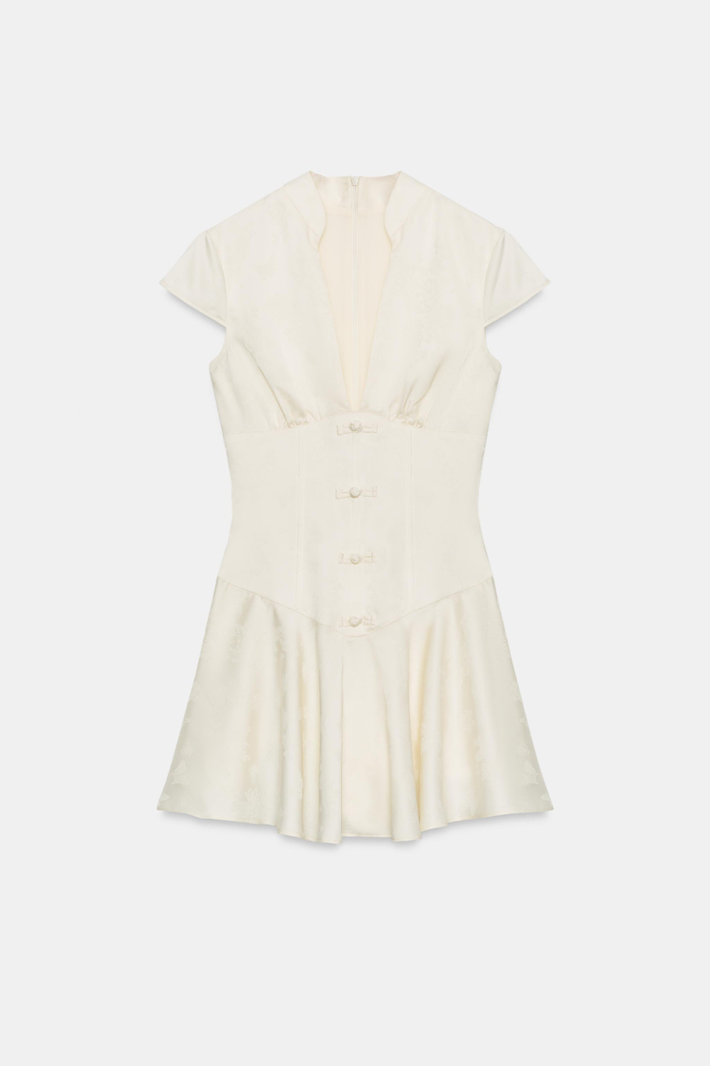 ZARA МИНИ-ПЛАТЬЕ ИЗ ЖАККАРДОВОГО АТЛАСА НА ПУГОВИЦАХ, ЭКРЮ