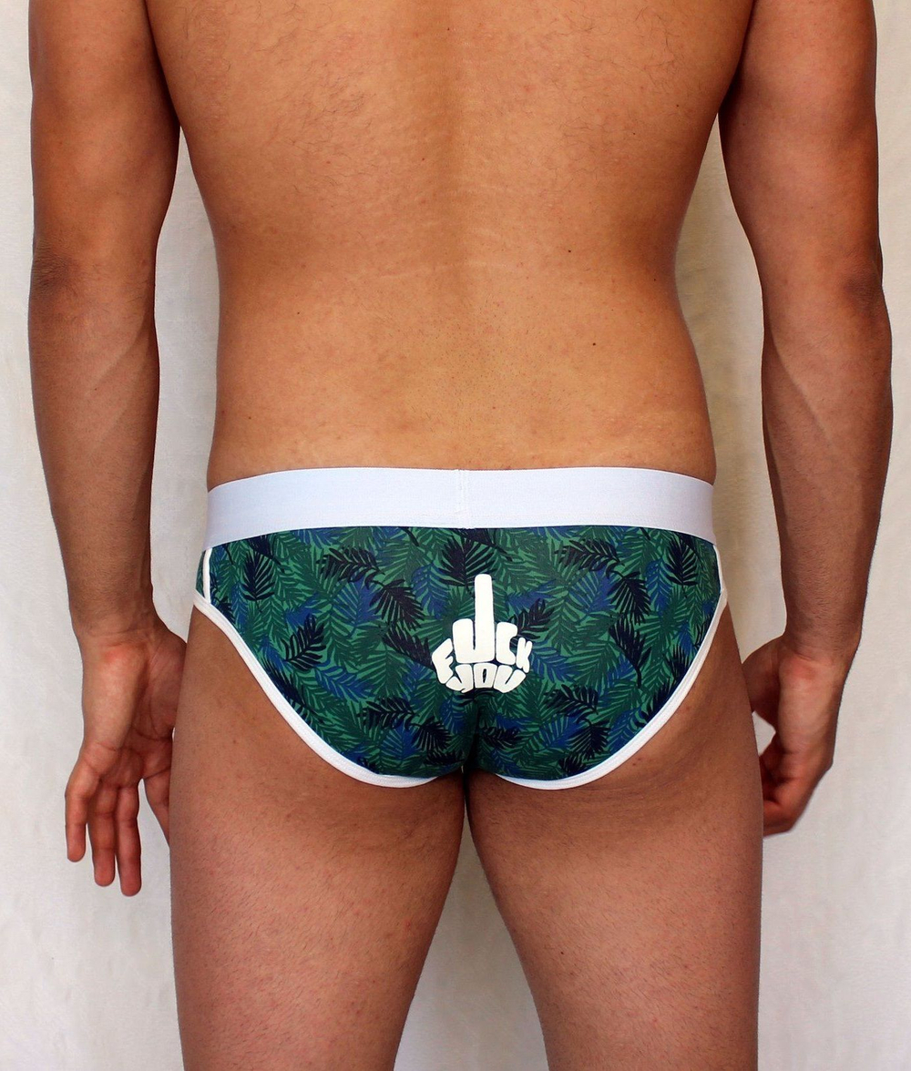 Изумрудные трусы-слипы с растительным принтом и провокационной надписью сзади (Размер: XL) (Цвет: изумрудный)