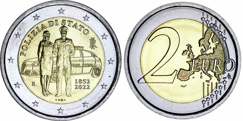 Италия 2 евро, 2022 170 лет Итальянской национальной полиции UNC