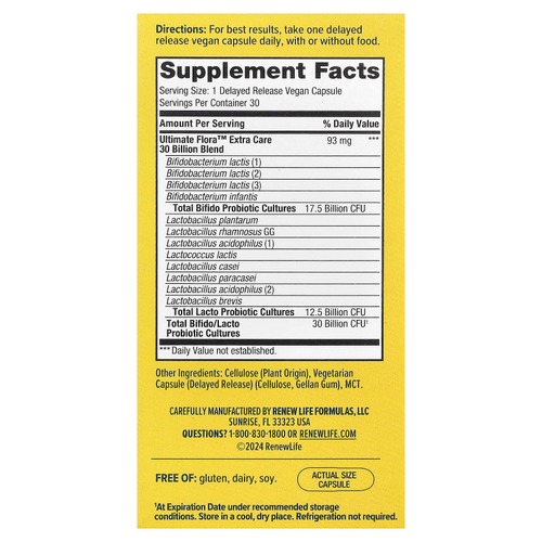 Renew Life, пробиотик Extra Care Ultimate Flora™, 30 млрд КОЕ, 30 веганских капсул с отсроченным высвобождением