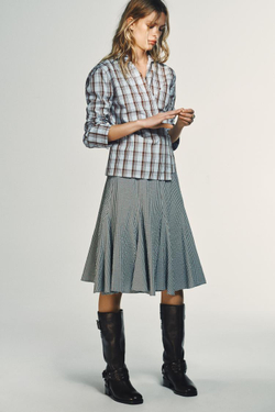 ZARA РУБАШКА ИЗ ПОПЛИНА В КЛЕТКУ С ЗАПАХОМ, КОРИЧНЕВО-СИНИЙ