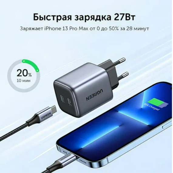 Сетевое зарядное устройство UGREEN CD294 Nexode 45W USB-C+USB-C PD GaN Fast Charger (90573) серый