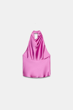 ZARA АТЛАСНЫЙ ТОП С ГОРЛОВИНОЙ ХАЛТЕР, РОЗОВЫЙ/ЛИЛОВЫЙ