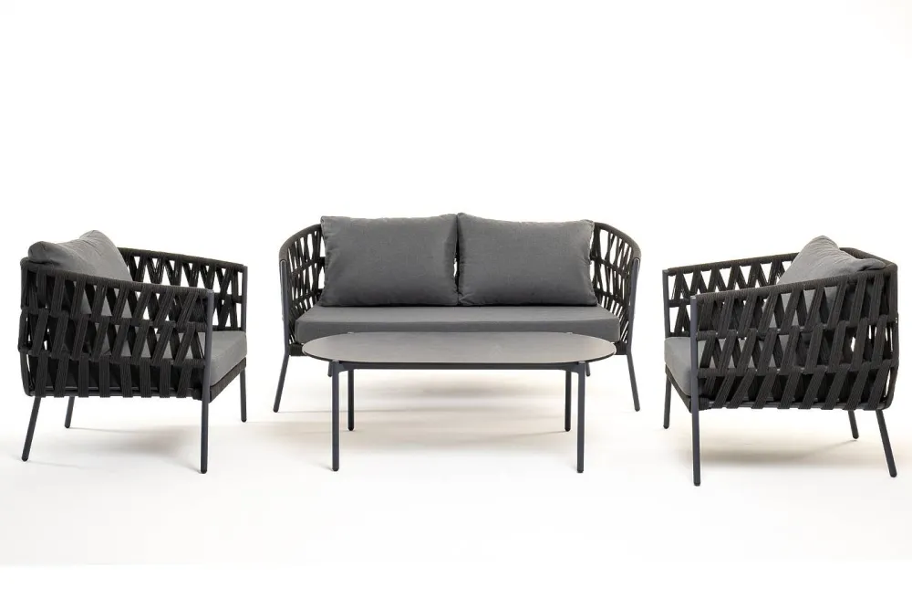 "Диего" лаунж-зона 4-местная плетеная из роупа (веревки), каркас алюминиевый темно-серый, роуп темно-серый