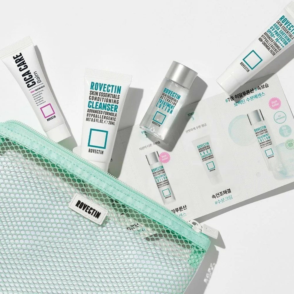 Набор миниатюр ROVECTIN Rovectin 4-Step Try Me KIT (гель для умывания 20 мл, лосьон 15 мл, бальзам для лица  10 мл, солнцезащитный крем 10 мл, косметичка)