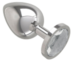 Серебристая большая анальная пробка с прозрачным кристаллом - 9,5 см.