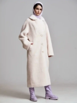 Шуба чебурашка длинная из овечьей шерсти, жемчужная, SilverFox