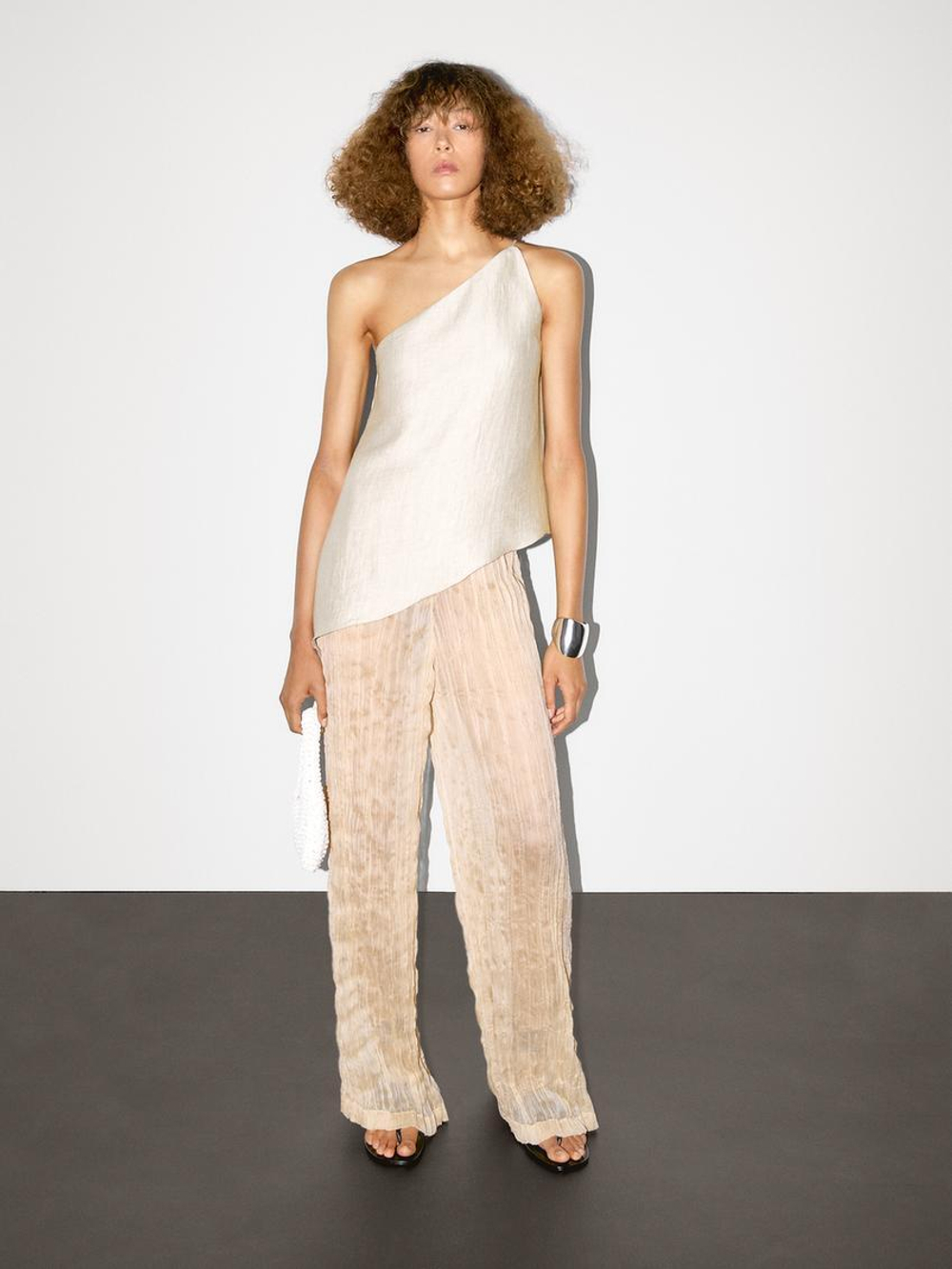 Massimo Dutti Легкий топ асимметричного кроя из смесового льна, бежевый