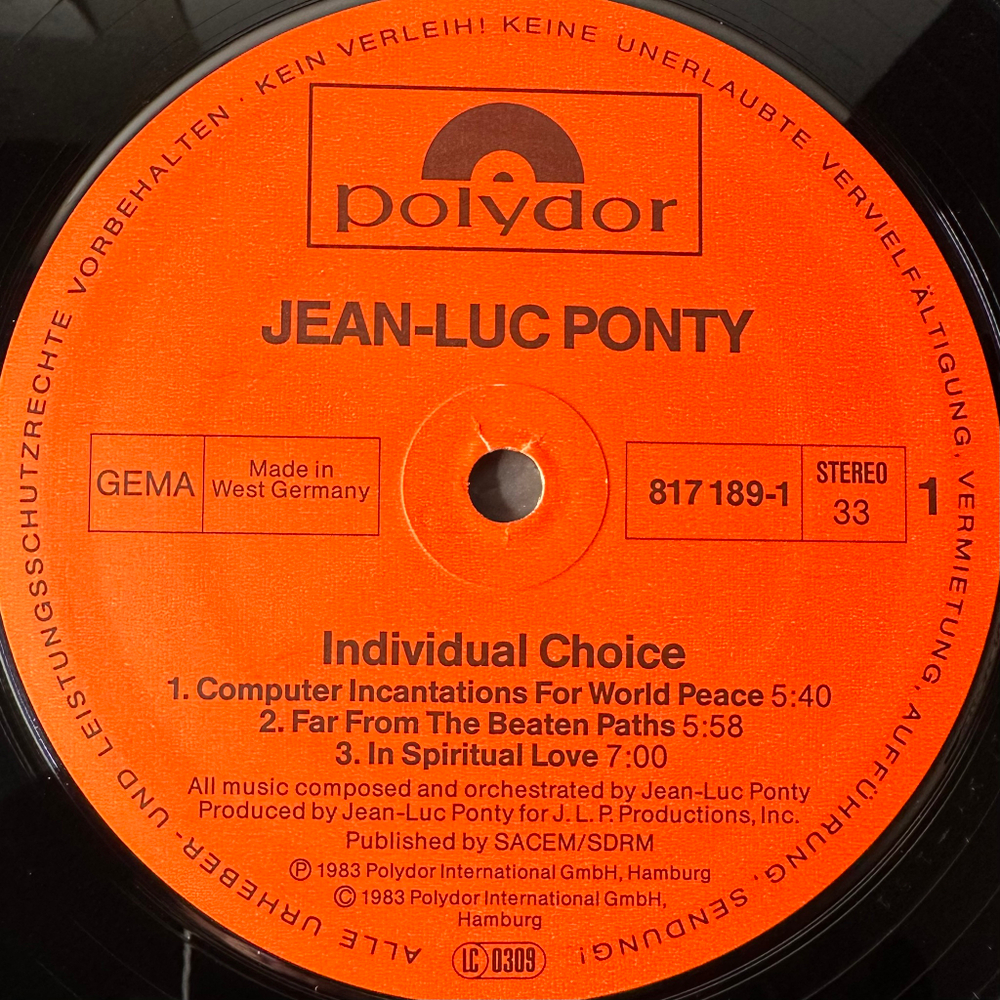 Jean-Luc Ponty ‎– Individual Choice (Германия 1983г.)