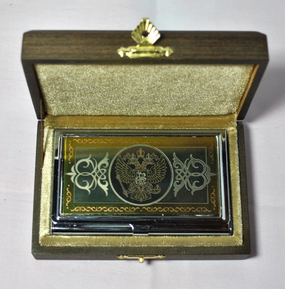 Стильная металлическая визитница "Герб РФ" №2 с цирконием