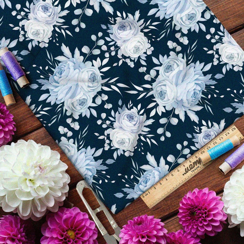 Ткань шелк Армани голубые пионы на синем фоне