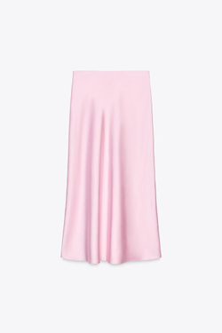 ZARA АТЛАСНАЯ ЮБКА МИДИ, РОЗОВЫЙ/ЛИЛОВЫЙ