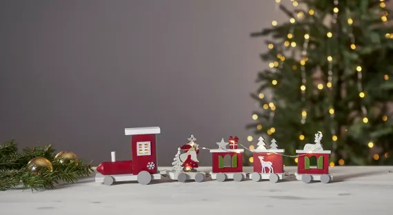 Светильник новогодний Паровоз Удачи LOKE, 10х46 см., 10 LED ламп, на батарейках, таймер, красный, Star Trading (271-66)