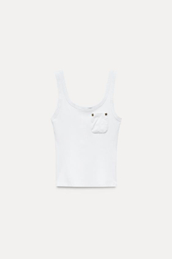 ZARA ТОП В ТОНКИЙ РУБЧИК С КАРМАНОМ, БЕЛЫЙ