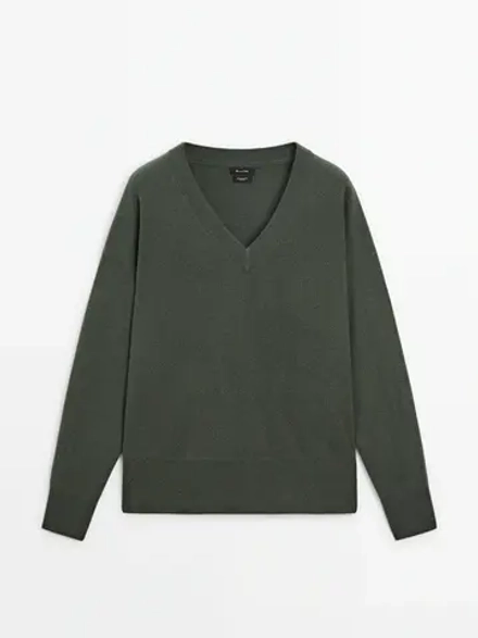 Massimo Dutti Свитер из 100% кашемира с V-образным вырезом, темно-зеленый