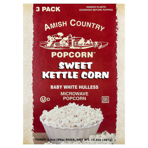 Amish Country Popcorn, попкорн для микроволновой печи, сладко-солёный вкус, 3 пакетика по 99 г (3,5 унции)