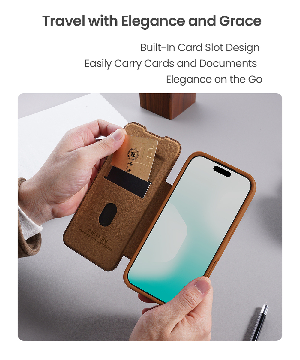 Кожаный чехол книжка коричневого цвета для iPhone 17, серия Qin Pro Leather с обновленной сдвижной шторкой от Nillkin