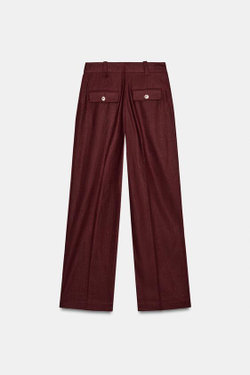 ZARA БРЮКИ ПРЯМОГО КРОЯ ИЗ СМЕСОВОГО ЛЬНА, БУРГУНДИ