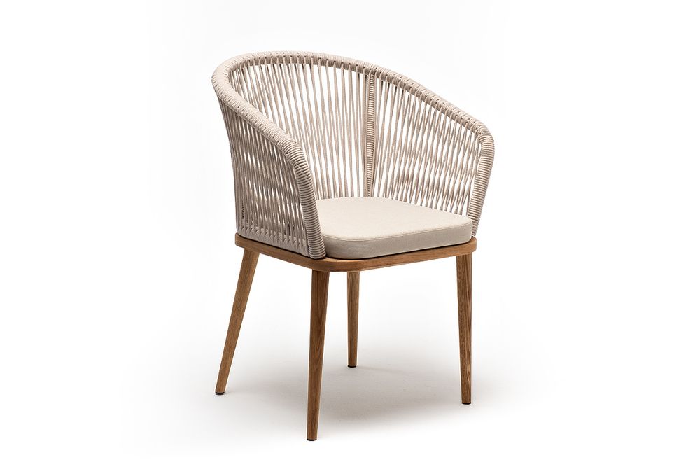 "Марсель" стул плетеный из роупа, основание дуб, роуп бежевый круглый, ткань бежевая 052