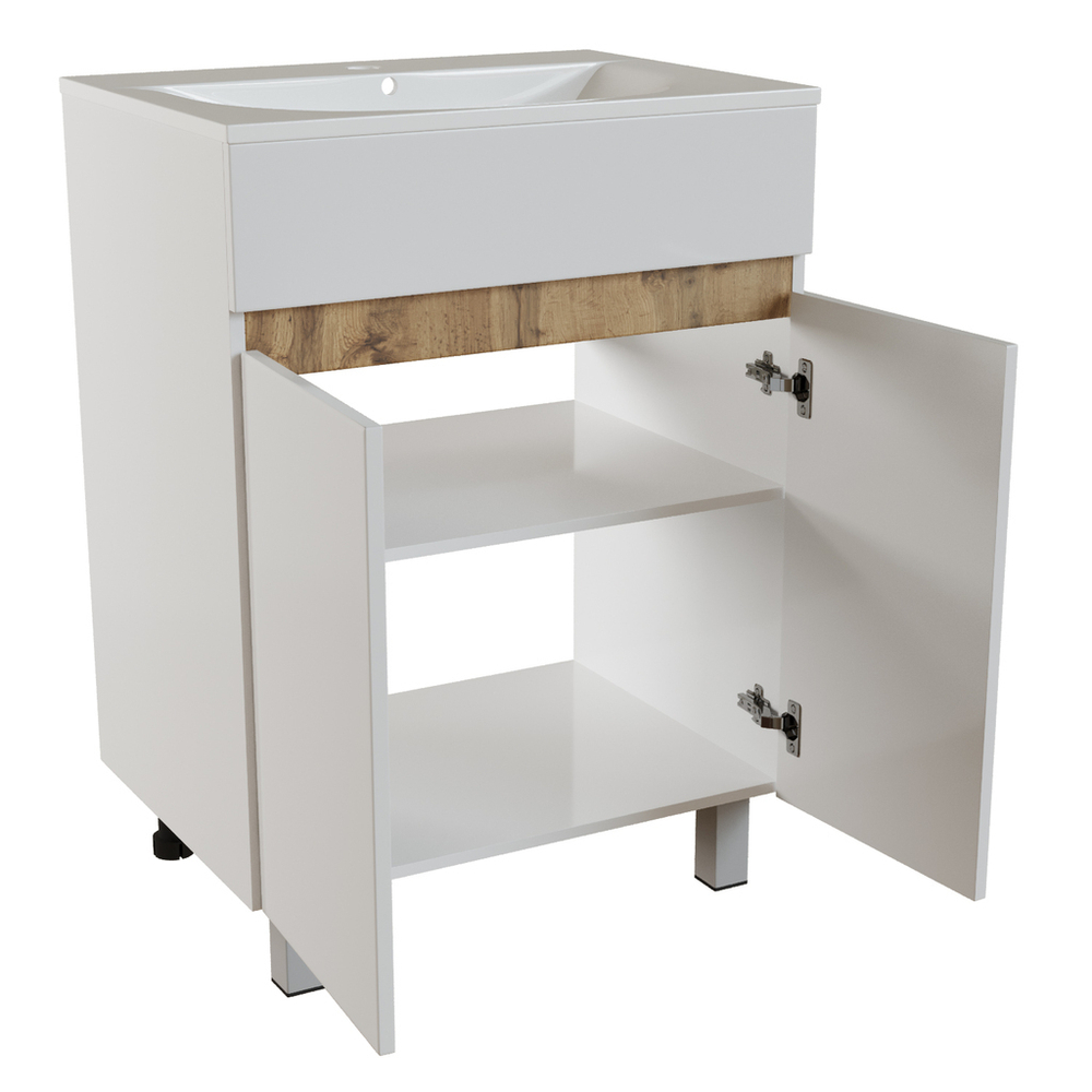 Тумба д/ванной "БРИКС-60" 2 створки белый/дуб вотан под рак."Breeze 60" мебельный (Sanita Luxe)(ПВХ)