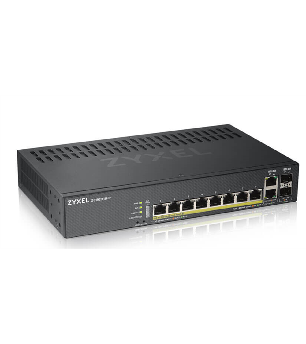 Smart L2 коммутатор PoE+ Zyxel NebulaFlex GS1920-8HPv2, 8xGE PoE+, 2xCombo (SFP/RJ-45), бесшумный (без вентилятора), бюджет PoE 130 Вт