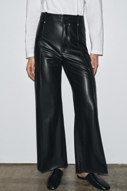 ZARA БРЮКИ ПРЯМОГО КРОЯ WIDE LEG ИЗ ИСКУССТВЕННОЙ КОЖИ ZW COLLECTION, ЧЕРНЫЙ