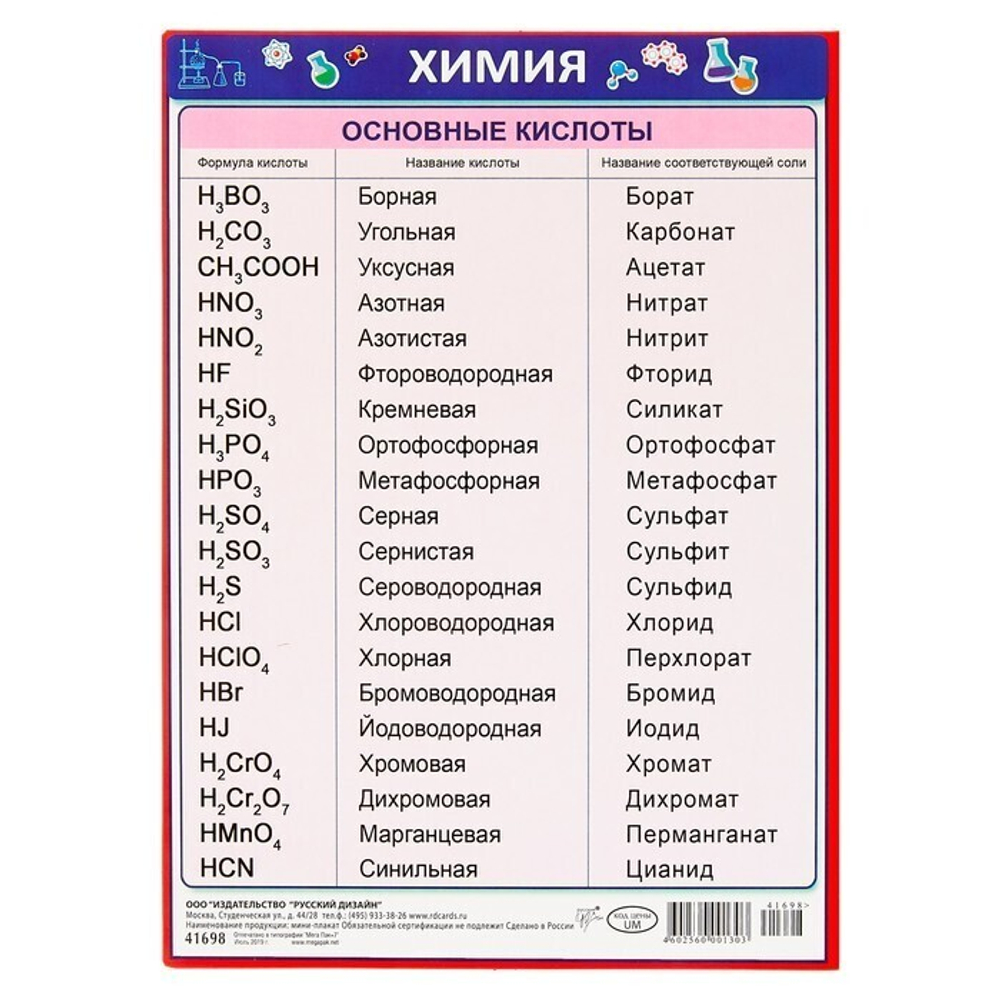 Обучающие карточки 41698рд Основыне кислоты 155*210 46025