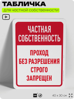 Табличка для частной территории "Частная собственность, проход без разрешения запрещен", на дом, для участка, организаций, предупреждающая, 40х30 см, Silver Plane x Айдентика Технолоджи