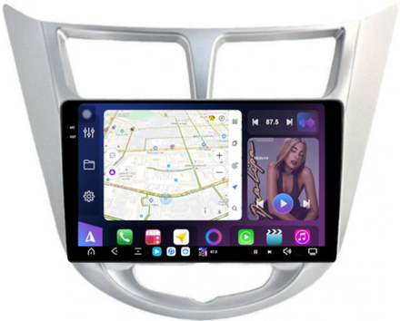 Магнитола для Hyundai Solaris 1 2010-2016 (рамка серебро) - FarCar XXL067M монитор 9.5" 2K QLED на Android 13, TS20, 8+256Гб, CarPlay, 4G SIM-слот