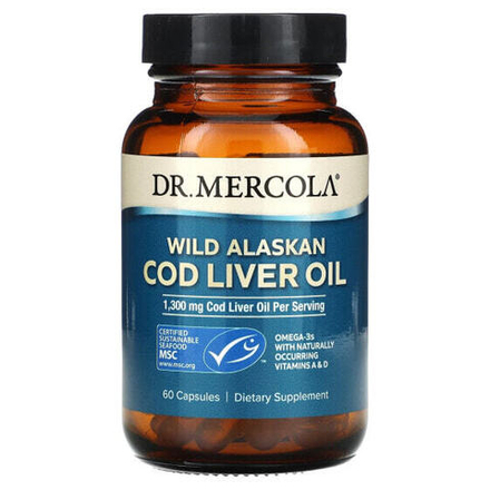 Рыбий жир и Омега 3, 6, 9 Dr. Mercola, Жир печени дикой аляскинской трески, 650 мг, 60 капсул
