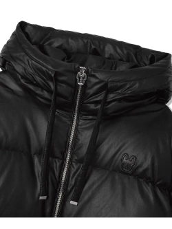 Пуховик из эко-кожи с капюшоном