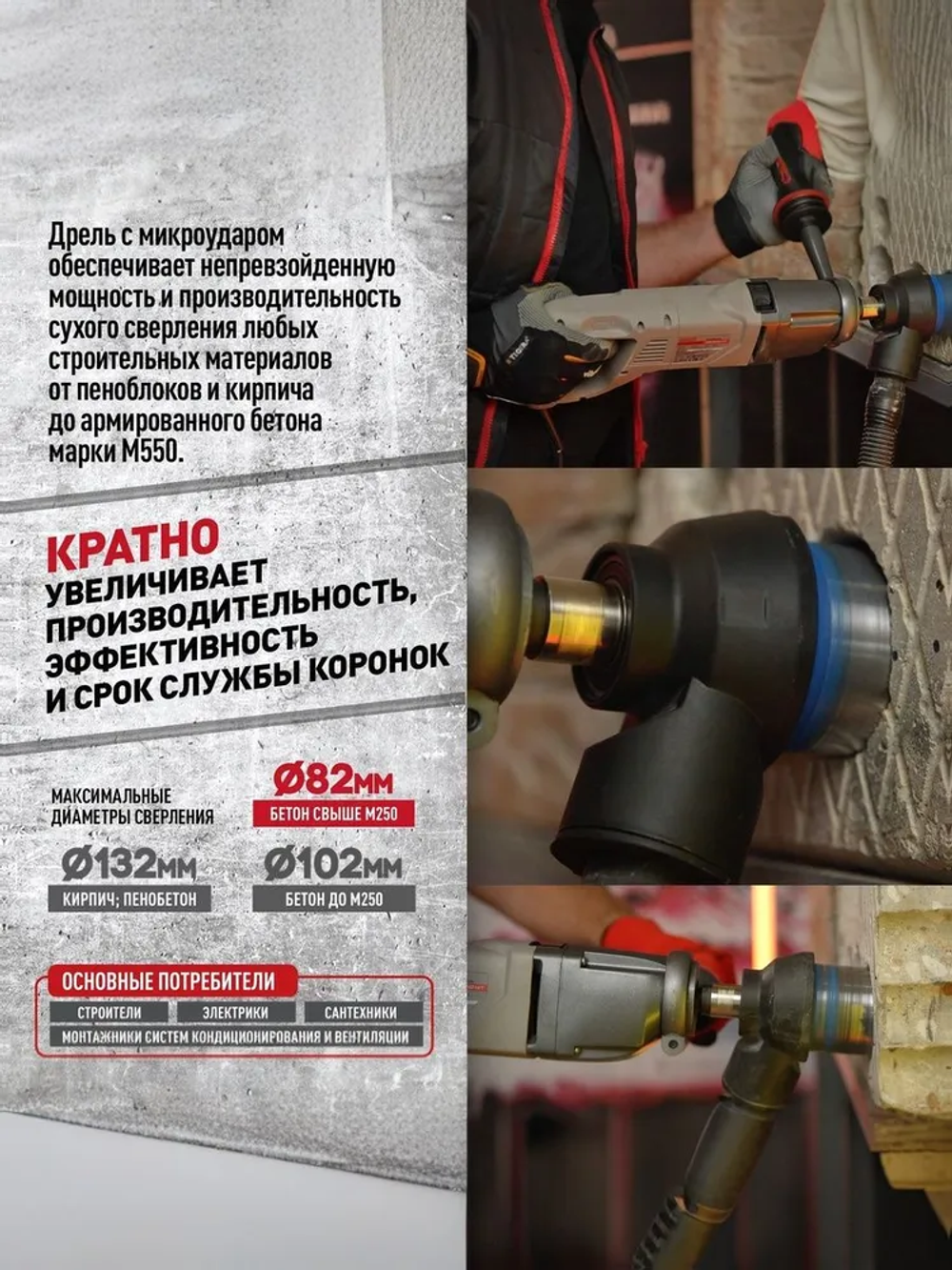 Дрель с микроударом для алмазного сверления CROWN CT32072DH BMC, 1400Вт., вес 3.5 кг.