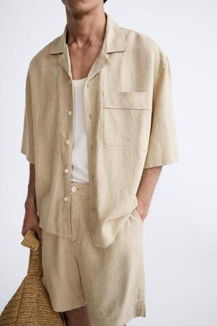 ZARA РУБАШКА ИЗ ВИСКОЗЫ И ЛЬНА, СВЕТЛО-БЕЖЕВЫЙ