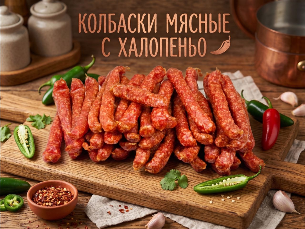 Колбаски мясные ( свинина + курица) с халопеньо