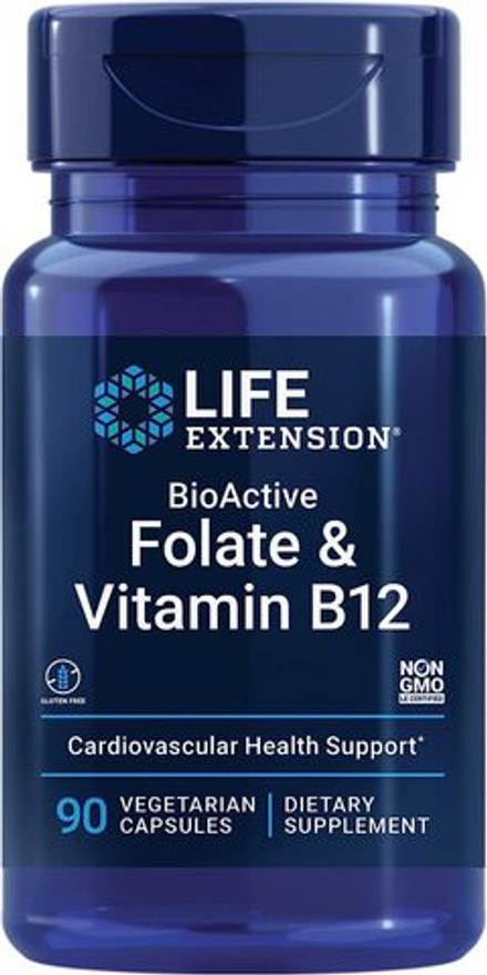 Life Extension, Фолиевая кислота и витамин B12, BioActive Folate & Vitamin B12, 90 вегетарианских капсул