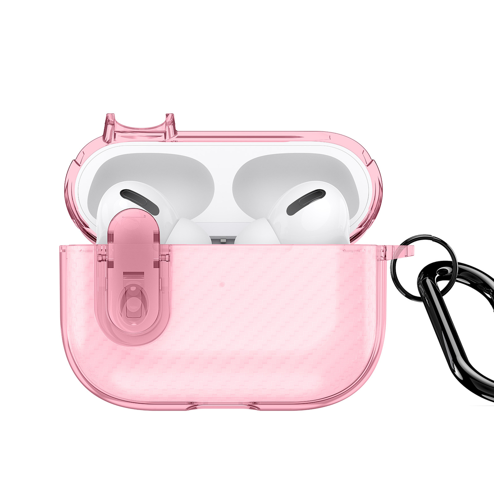 Чехол для наушников AirPods Pro 2, прозрачный розового цвета с карбоновой текстурой от Dux Ducis, серия PECK Series Case, в комплекте с карабином