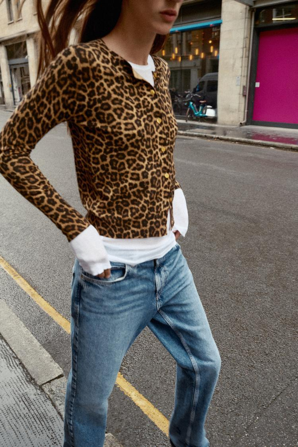 ZARA ТРИКОТАЖНЫЙ КАРДИГАН С АНИМАЛИСТИЧЕСКИМ УЗОРОМ, ЧЕРНЫЙ-КОРИЧНЕВЫЙ