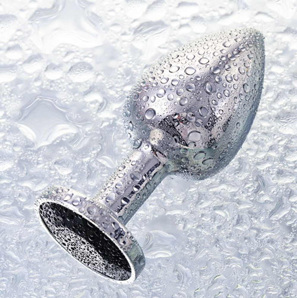 Маленькая серебристая анальная втулка 6см с чёрным кристаллом ToyFa Metal 712003